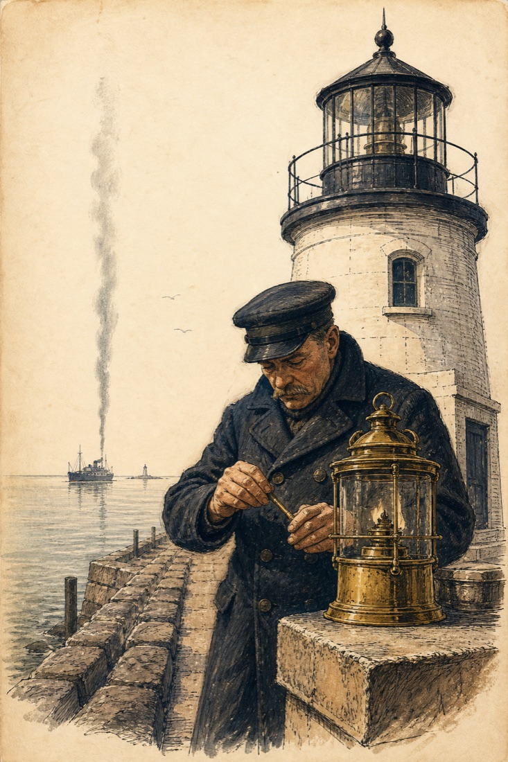 A lighthouse keeper trimming a lantern on a calm Great Lakes breakwater