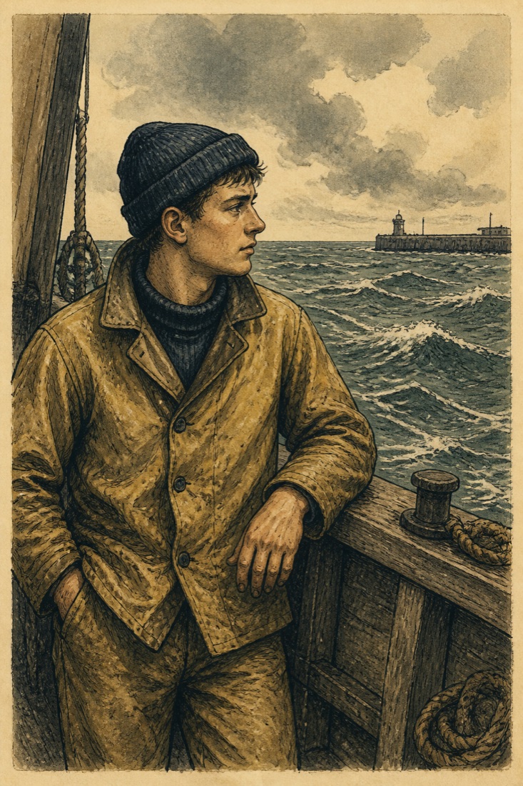 A deckhand on a working deck watching a short steep chop off the harbor mouth