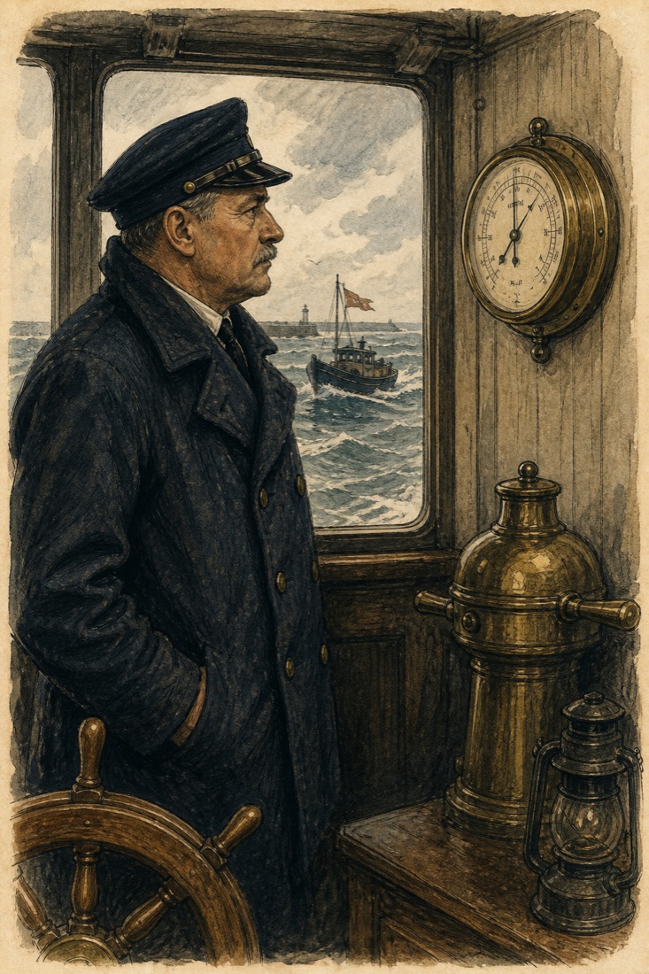 A captain looking twice at the barometer while whitecaps build beyond the wheelhouse