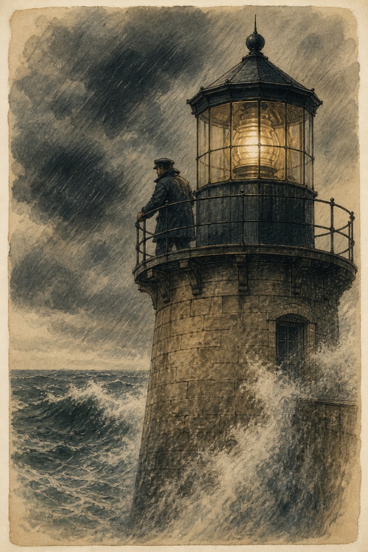 A keeper on a lighthouse gallery as spray sheets over the wall in a building gale