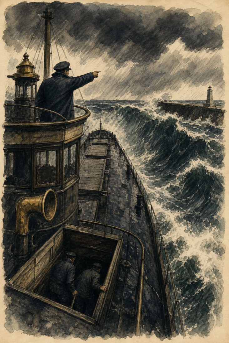 A Great Lakes freighter in a damaging sea, hands going below as the captain points for harbor