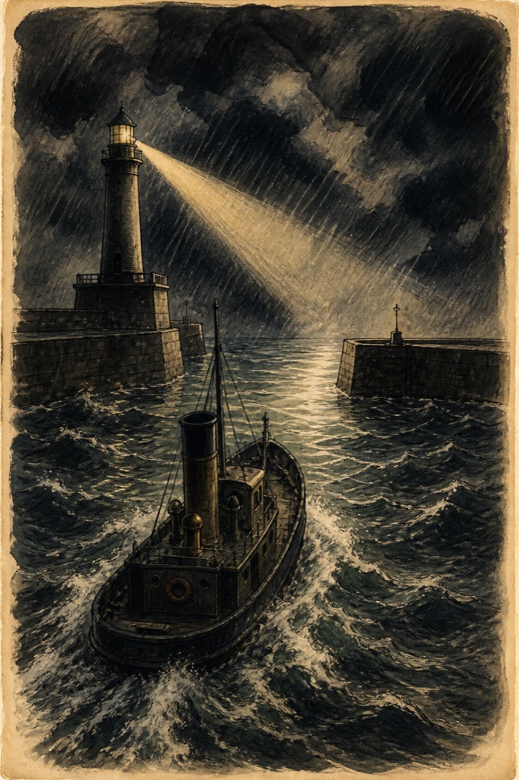 A vessel running for a harbor mouth under a lighthouse beam in a black storm